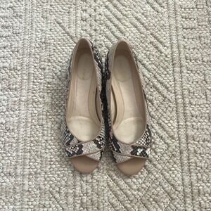 Cole Haan Grand Snakeskin Peep Toe Wedge Heels Beige Black Cream Womens